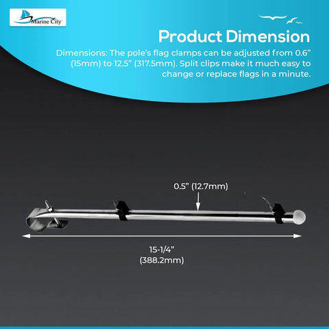 Stainless Steel Rail Mount Flag Staff Pole With Adjustable Clamps And 12x18 Inch US Flag, 15 3/16 Inch Length, side view dimensions.