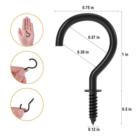 1 Inch Screw In Cup Hooks Set Black Metal 100 Pieces Heavy Duty Steel With Rust Resistant Finish Smooth Edges Easy Install Diagram