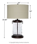 Glass Table Lamp With Bronze Finish Base And Fabric Drum Shade, Hardback Shade, Clear Glass Cylinder, 25.25 Inch Modern Desk Light