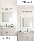 Three Light Brushed Nickel Vanity Light With Dual Glass Shades Sleek Modern Indoor Wall Mount Fixture For Bathroom and Kitchen Up Or Down Install Hardwired Interior Lighting