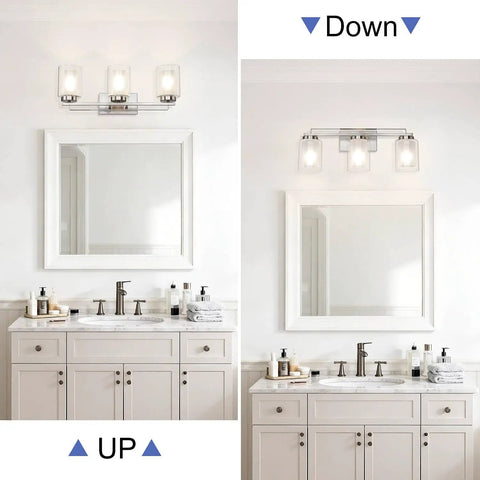 Three Light Brushed Nickel Vanity Light With Dual Glass Shades Sleek Modern Indoor Wall Mount Fixture For Bathroom and Kitchen Up Or Down Install Hardwired Interior Lighting