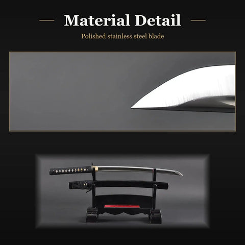 Close-up of Wakizashi Iaito For Iaido Practice, 21 Inch Unsharpened Stainless Steel Blade With Bo Hi Fuller detail