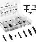 Front view of VIKKSAER 128-piece vacuum hose connector kit in clear storage case with black nylon barbed connectors 12 sizes
