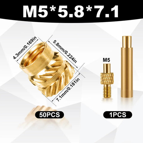 50 Pcs Dope 3D Printing Brass Nuts M5 Threaded Inserts Heat Set Tip Kit With Soldering Adapter, including dimensions