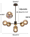 Dimensions of Six Light Glass Globe Sputnik Chandelier In Matte Black With Amber Shade For Kitchen Island Dining Room Living Room Modern Mid Century Pendant Lamp For Home Decor.