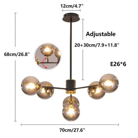 Dimensions of Six Light Glass Globe Sputnik Chandelier In Matte Black With Amber Shade For Kitchen Island Dining Room Living Room Modern Mid Century Pendant Lamp For Home Decor.