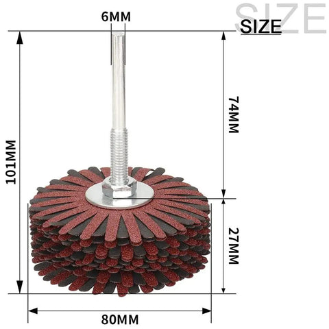 7 Pack Mounted Flap Wheel Set For Sanding And Polishing Wood And Metal Grit 80 To 400, measuring 80mm diameter, 6mm shaft