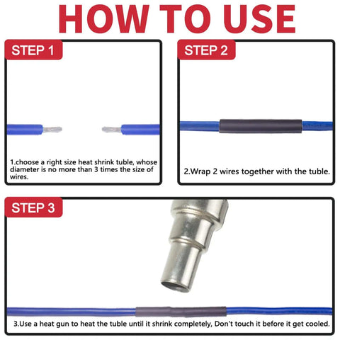 Instruction steps for Heat Shrink Tubing Kit With Adhesive Lined Marine Resistant Pro Grade Three To One Shrink Ratio Six Size Set.