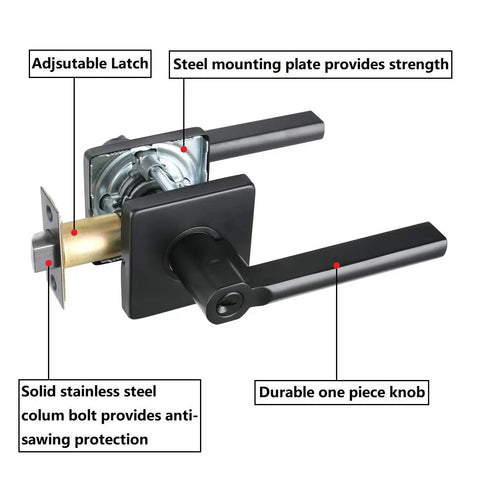 Side view of Exterior Keyed Entrance Handleset With Slim Square Locking Lever And Deadbolt In Iron Black Finish showing components.