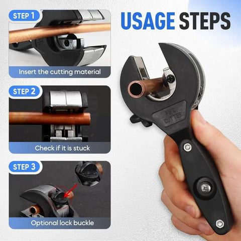 Ratcheting Tubing Cutter Pro Grade Workhorse Adjustable Tube Cutter Tool showing usage steps on copper pipe.