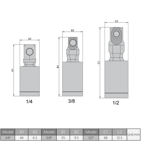 Two-piece 3/8 inch universal joint socket adapter set; sleeve reducer, technical drawing with multiple size views