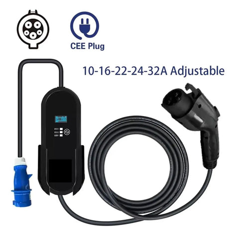 Level 2 Portable EV Charger For Electric Cars, On The Go Adjustable 16A 24A 32A With Type 1 J1772 Plug, heavy duty box, coiled cable.
