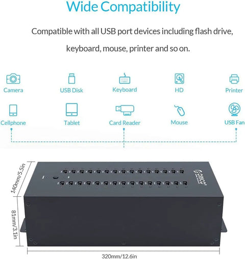 Badass Industrial Grade 30 Port USB Hub Featuring 300W Power Brick And Smart Charging Station on rack with USB device compatibility icons.
