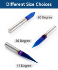Image of three router bits showcasing different angles: 15, 30, and 60 degrees. Fifteen Degree V Groove Engraving Router Bit Pro Grade With Five Thousandths Inch Tip And One Quarter Inch Shank Nano Blue Coat Solid Carbide For Signmaking And Fine Lettering Great For Carving Wood Aluminum Plastic And Solid Surface.