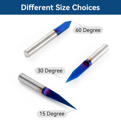 Image of three router bits showcasing different angles: 15, 30, and 60 degrees. Fifteen Degree V Groove Engraving Router Bit Pro Grade With Five Thousandths Inch Tip And One Quarter Inch Shank Nano Blue Coat Solid Carbide For Signmaking And Fine Lettering Great For Carving Wood Aluminum Plastic And Solid Surface.