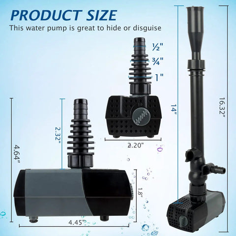 Dimensions of Submersible Water Pump With Fountain Jets For Ponds Fountains Aquariums And Aquaponics Easy Setup Adjustable