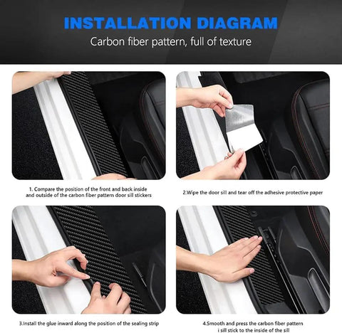 Hella Durable 9 Piece Door Sill Protectors For Tesla Cybertruck 2024 Plus featuring carbon fiber finish installation steps.