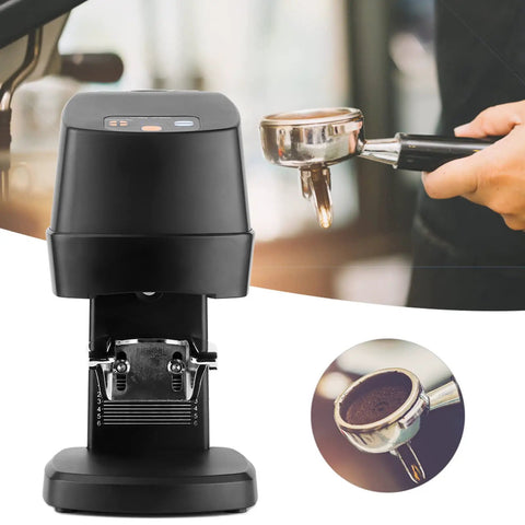 Top Shelf Electric Coffee Powder Tamper 58mm Portafilter Automatic Espresso Press Heavy Duty in use with portafilter.