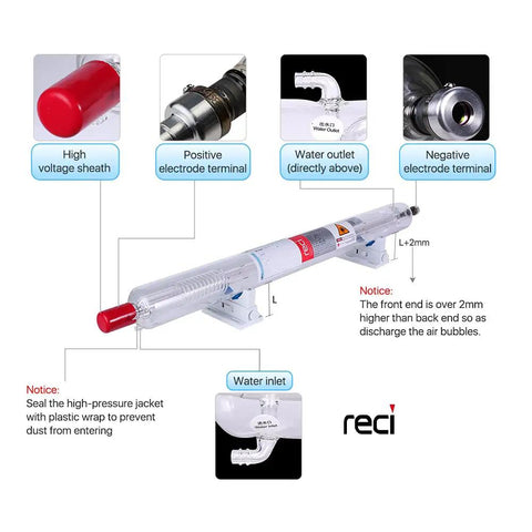 Image of RECI CO2 Laser Tube 90W To 100W Glass Tube 1240Mm Length 80Mm Diameter For CO2 Laser Engraver And Cutter Replacement