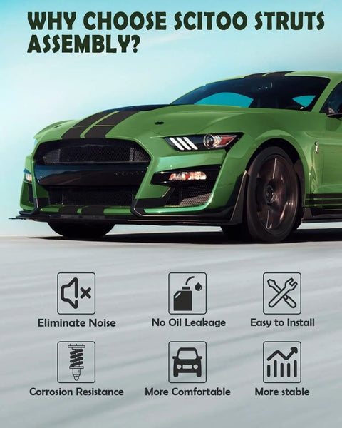 Green car with text highlighting benefits of Front And Rear Complete Strut And Spring Assembly For Nissan Titan 2004 To 2015.