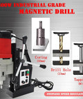 Heavy Duty Magnetic Drill Press 1400W With Tapping 7/8 Inch Drill Chuck And 1/2 Inch Tap 3821 Lbf Suction showcased with coring and drilling accessories.