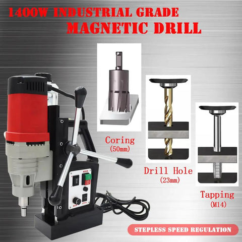 Heavy Duty Magnetic Drill Press 1400W With Tapping 7/8 Inch Drill Chuck And 1/2 Inch Tap 3821 Lbf Suction showcased with coring and drilling accessories.