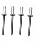 100 Pack Aluminum Blind Rivets 1/8 Inch By 9/32 Inch Grip Length Heavy Duty Pop Fasteners in silver, showing four rivets side by side.