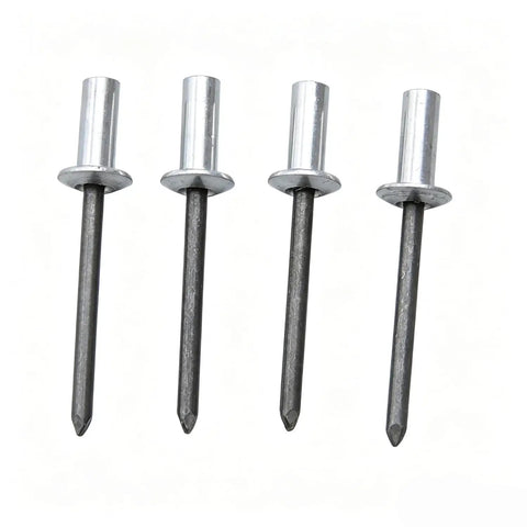 100 Pack Aluminum Blind Rivets 1/8 Inch By 9/32 Inch Grip Length Heavy Duty Pop Fasteners in silver, showing four rivets side by side.