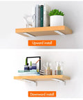 Super Sturdy Floating Shelf Brackets Six Inch Heavy Duty Iron Wall Mount Hardware Built Like A Tank To Handle Heavy Loads And Kitchen Decor Six Pack, showcasing upward and downward install options with decorative items.