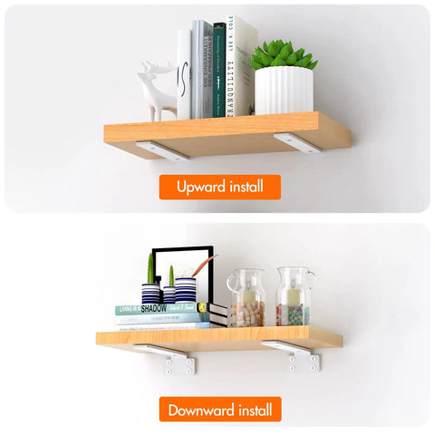 Super Sturdy Floating Shelf Brackets Six Inch Heavy Duty Iron Wall Mount Hardware Built Like A Tank To Handle Heavy Loads And Kitchen Decor Six Pack, showcasing upward and downward install options with decorative items.