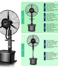 Heavy Duty Industrial Spray Fan With Water Mist Cooling, Adjustable Commercial Floor Blower For Garages And Warehouses, 650Cm Height Lift, 42L Water Tank, Crush The Heat Like A Boss And Keep Your Crew Completely Chilled Out, shown from front and side angles.