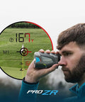Man using Pro ZR Golf Laser Rangefinder With DuraShield Hardshell And Cart Magnet, Fast Target Lock, 1500 Yard Range