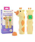Giraffe Themed No-Touch 3 In 1 Baby And Kids Thermometer For Infants With Quick Forehead Ear And Body Temp Readings, Kid Friendly Design To Keep Toddlers Chill During Temp Checks. Front view with box and giraffe thermometer