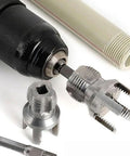 Heavy Duty 4-in-1 Water Pipe Threader Kit showing metal dies and wrench for PVC and steel pipes in plumbing repair.
