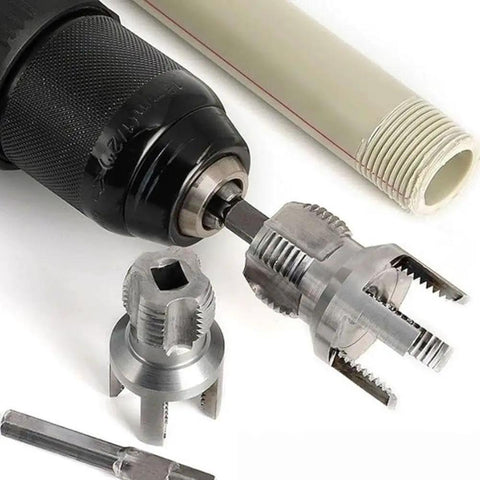 Heavy Duty 4-in-1 Water Pipe Threader Kit showing metal dies and wrench for PVC and steel pipes in plumbing repair.