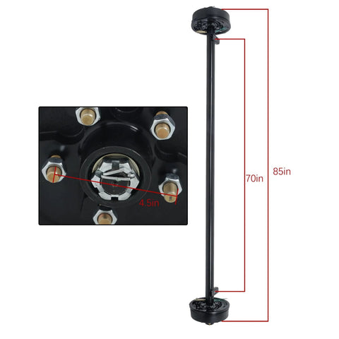 Electric brake trailer axle, 3500 lb capacity, 5x4.5 bolt pattern, black steel, 70in spring center, 85in hub face