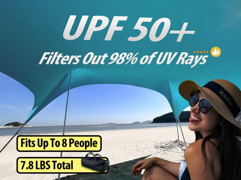 Woman enjoying shade under Ten By Ten Foot UPF50 Plus Beach Tent Sun Shelter Windproof Outdoor Pop Up Shade Canopy