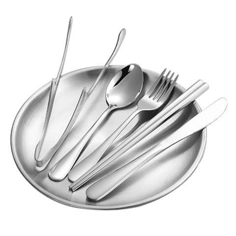 Outdoor Camping Mess Kit For Two With Stainless Steel Forks Spoons Knives Plates And Food Clip on a plate