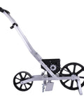 Pro Grade Precision Garden Seeder With 7 Seed Plates, aluminum body, side view showing wheels and seed box, Sweet Corn Planter.