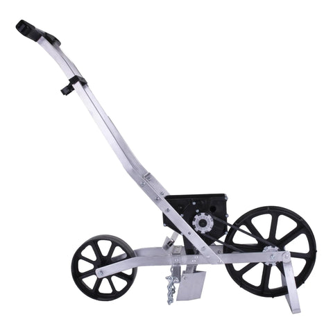 Pro Grade Precision Garden Seeder With 7 Seed Plates, aluminum body, side view showing wheels and seed box, Sweet Corn Planter.