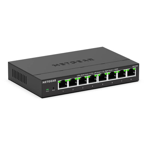 Beefy Eight Port 2.5Gbps Multi Gig Ethernet Smart Managed Switch in black metal case, desktop view.