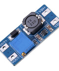 DC To DC Boost Converter Module With Adjustable Output 2V To 28V, 2 Amp High Efficiency Power Supply For Battery Projects And DIY Gadgets, Solar And Camping Gear, Tiny 36 By 17 By 14 Mm, blue PCB with inductor