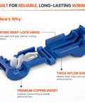 Blue T-Tap Wire Connector with stainless steel spring and premium copper insert for quick splice and snap-on terminals.