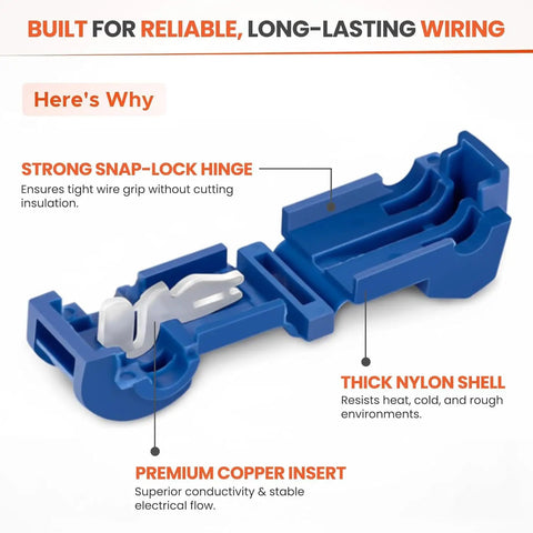 Blue T-Tap Wire Connector with stainless steel spring and premium copper insert for quick splice and snap-on terminals.