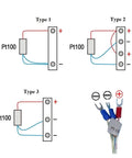 Diagram showing connections for Pt100 sensor types and spade terminals of Waterproof 3 Wire RTD PT100 Sensor Probe for PID controllers.