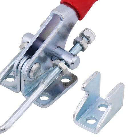 Heavy Duty Toggle Clamps Set Four Latch Type Metal Clamps with 360 lbs holding capacity shown with red handle and fasteners close-up