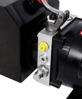Close-up of Heavy Duty Single Acting Hydraulic Power Unit With Steel Tank connection fittings and control lever.