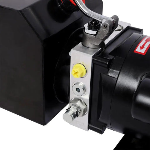 Close-up of Heavy Duty Single Acting Hydraulic Power Unit With Steel Tank connection fittings and control lever.