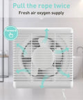 Window Shutter Exhaust Fan With Reversible Airflow 470 CFM 12 Inch Wall Mount Attic Fan displayed in a bathroom setting.