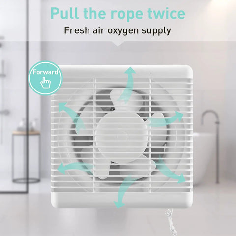 Window Shutter Exhaust Fan With Reversible Airflow 470 CFM 12 Inch Wall Mount Attic Fan displayed in a bathroom setting.